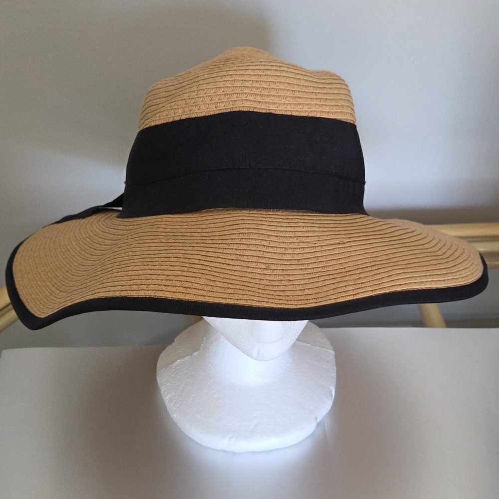 Straw Raffia Floppy Hat Wide Brim With Black Band, Trim And Bow